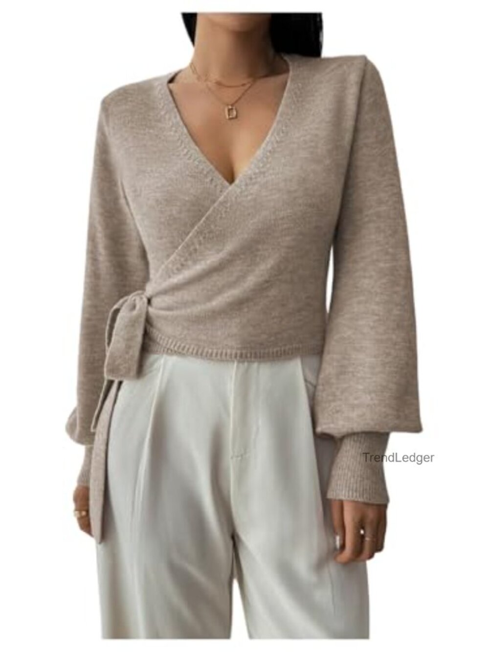 V Neck Wrap Crop Sweater Long Sleeve Pullover